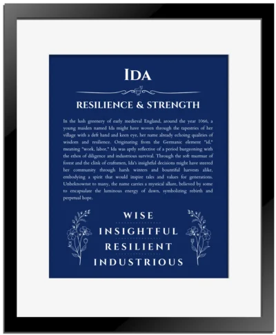 Ida name meaning wall art by Get Your Story in deep blue with black matte frame