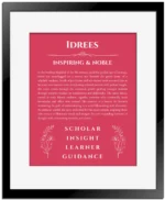 Idrees name origin print with meaning and traits in red with black matte frame