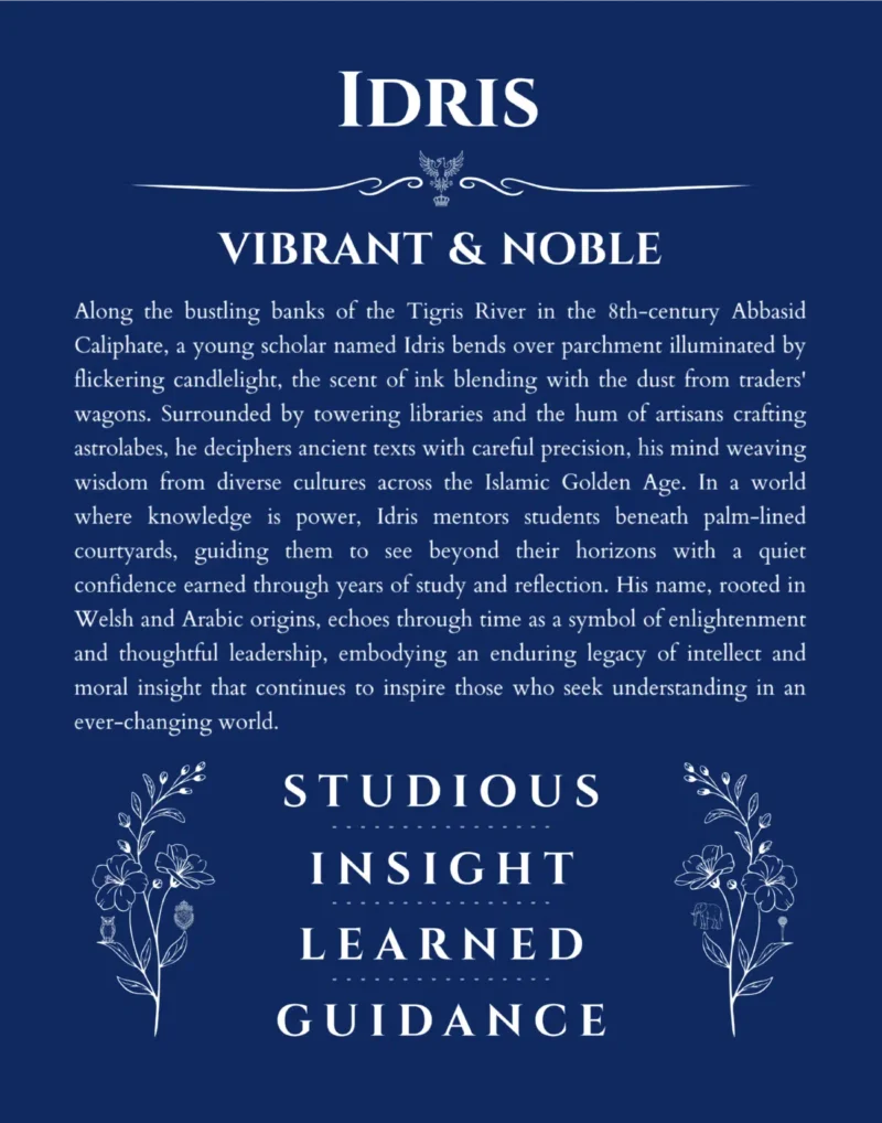 Idris personalized name print with origin and traits in deep blue