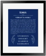 Idris personalized name print with origin and traits in deep blue with black matte frame