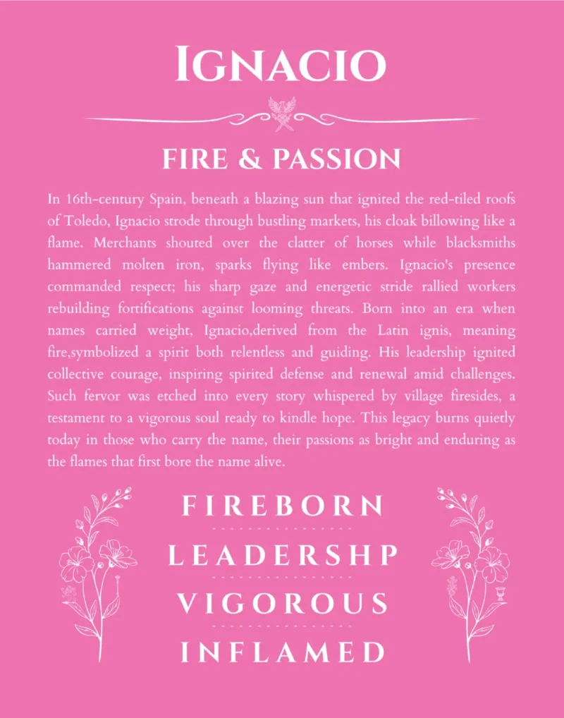 Ignacio name origin print with meaning and traits in pink