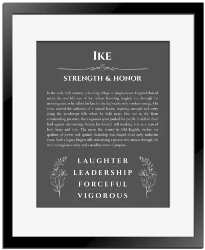 Ike personalized wall art with the story of your name in gray with black matte frame