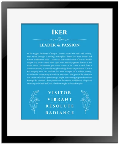 Iker personalized name print with origin and traits in blue with black matte frame