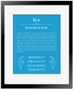 Ila custom name meaning print in blue with black matte frame