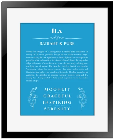 Ila custom name meaning print in blue with black matte frame