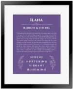 Ilana custom name art showing meaning and origin in purple with black matte frame