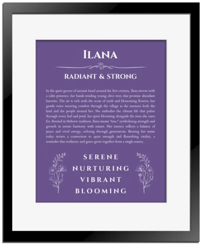 Ilana custom name art showing meaning and origin in purple with black matte frame
