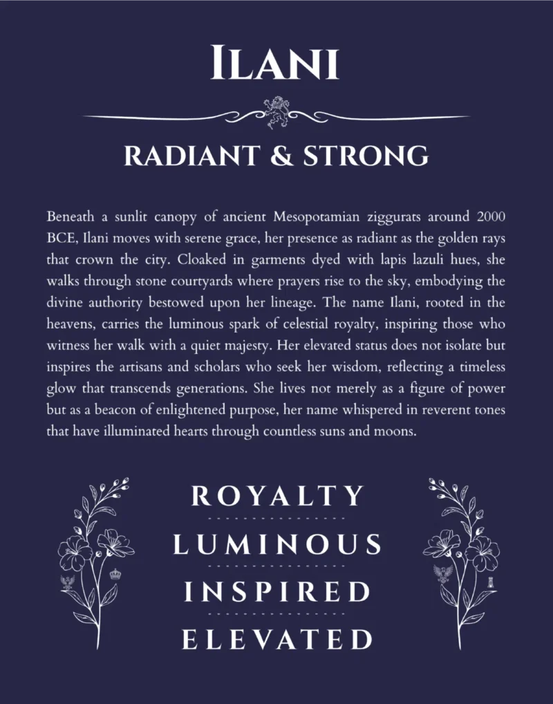 Ilani personalized name print with origin and traits in navy blue