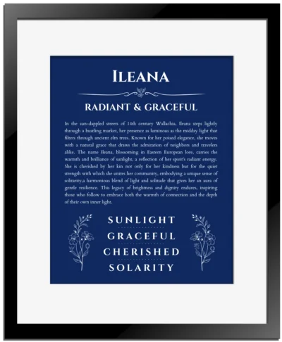 Ileana name meaning gift print in deep blue with black matte frame