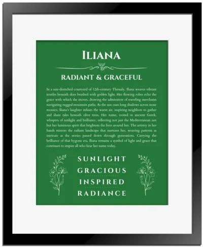 Iliana name meaning wall art by Get Your Story in dark green with black matte frame