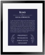 Ilias personalized name print with origin and traits in navy blue with black matte frame