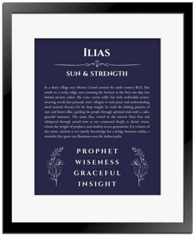 Ilias personalized name print with origin and traits in navy blue with black matte frame
