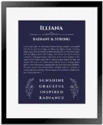 Illiana personalized name print with origin and traits in navy blue with black matte frame