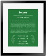 Imani personalized wall art with the story of your name in dark green with black matte frame