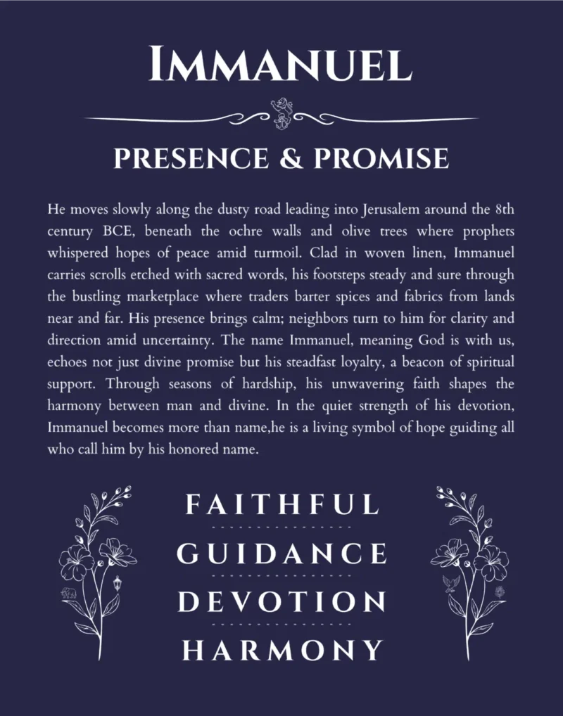 Immanuel personalized name print with origin and traits in navy blue