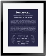 Immanuel personalized name print with origin and traits in navy blue with black matte frame