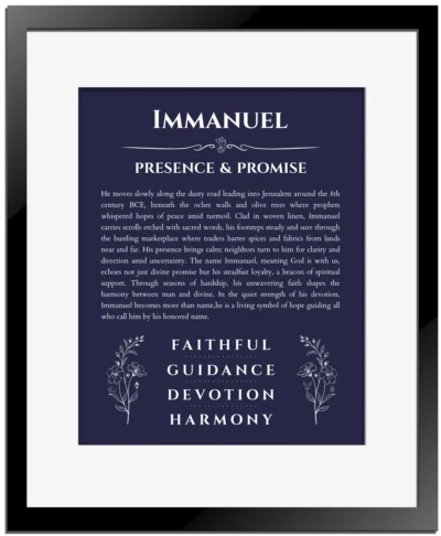 Immanuel personalized name print with origin and traits in navy blue with black matte frame
