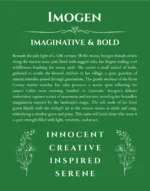 Imogen name origin print with meaning and traits in dark green