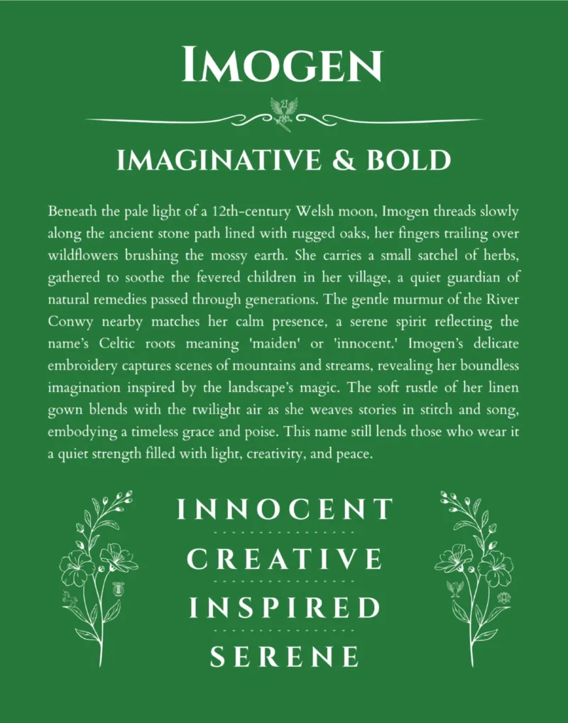 Imogen name origin print with meaning and traits in dark green