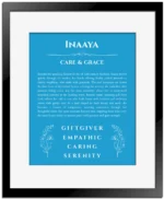 Inaaya custom name print for wall display in blue with black matte frame