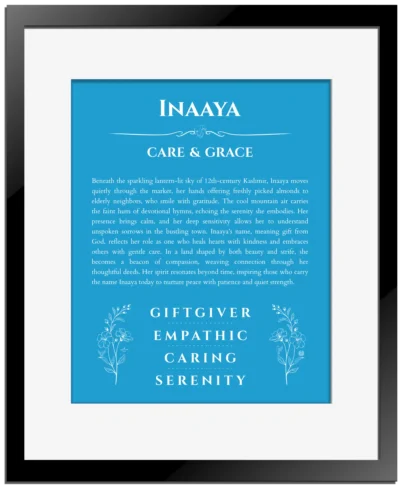 Inaaya custom name print for wall display in blue with black matte frame