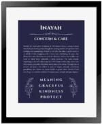 Inayah personalized wall art with the story of your name in navy blue with black matte frame