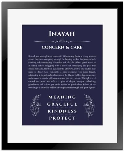 Inayah personalized wall art with the story of your name in navy blue with black matte frame