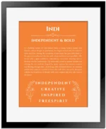 Indi name meaning wall art by Get Your Story in orange with black matte frame