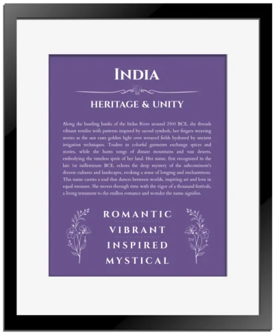 India personalized name meaning print in purple with black matte frame