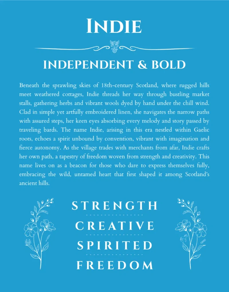 Indie personalized name art with origin story in blue