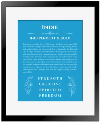 Indie personalized name art with origin story in blue with black matte frame