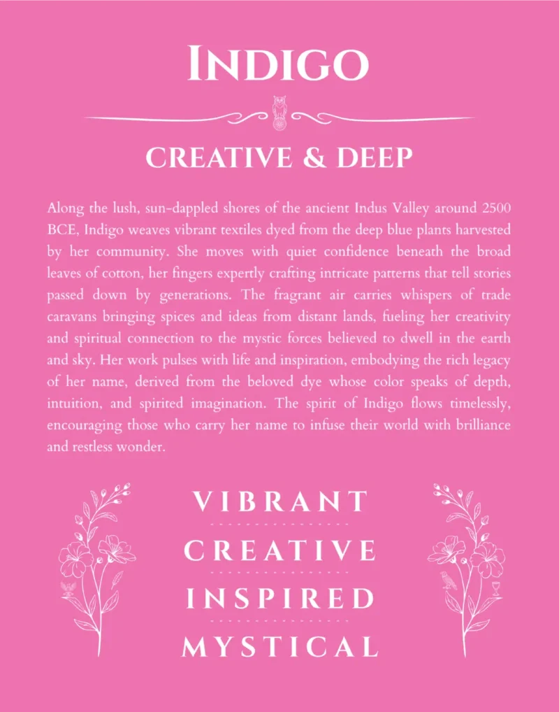Indigo name origin print with meaning and traits in pink