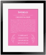 Indigo name origin print with meaning and traits in pink with black matte frame