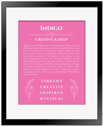 Indigo name origin print with meaning and traits in pink with black matte frame