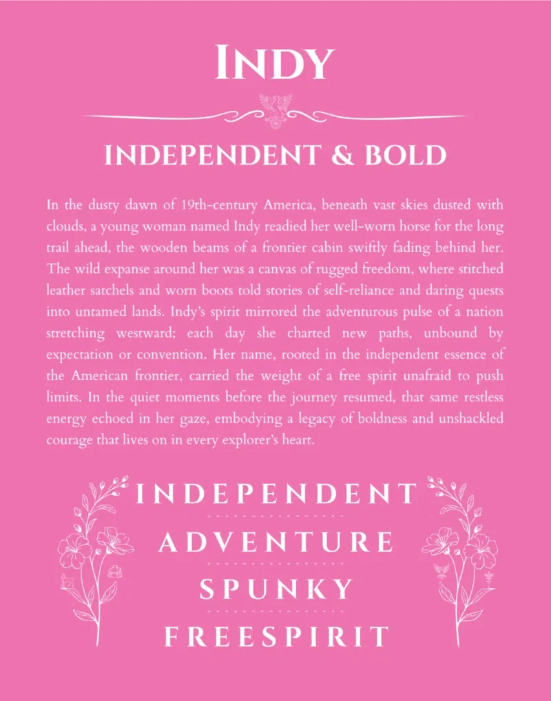 Indy custom name art showing meaning and origin in pink
