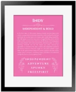 Indy custom name art showing meaning and origin in pink with black matte frame