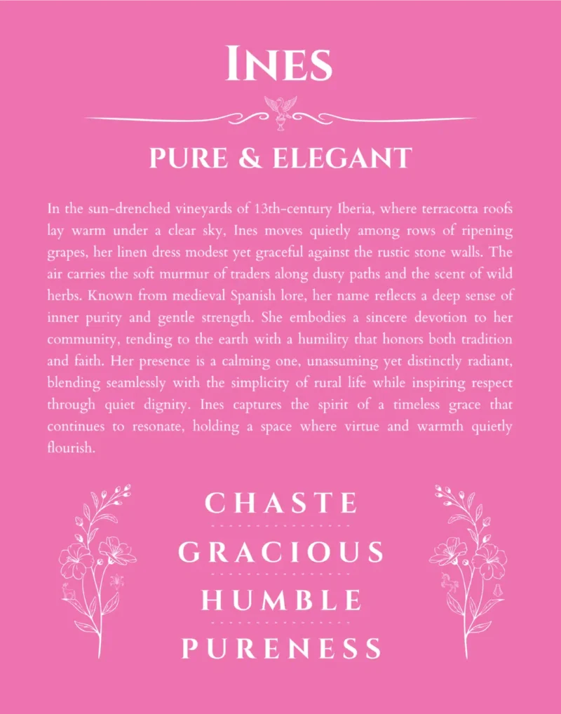 Ines personalized name print with origin and traits in pink