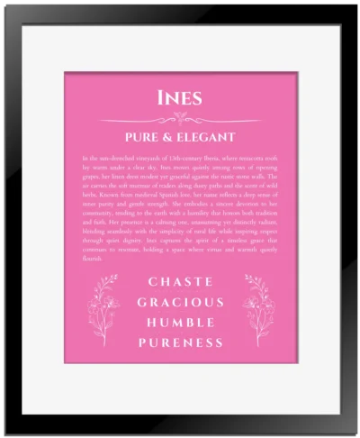 Ines personalized name print with origin and traits in pink with black matte frame