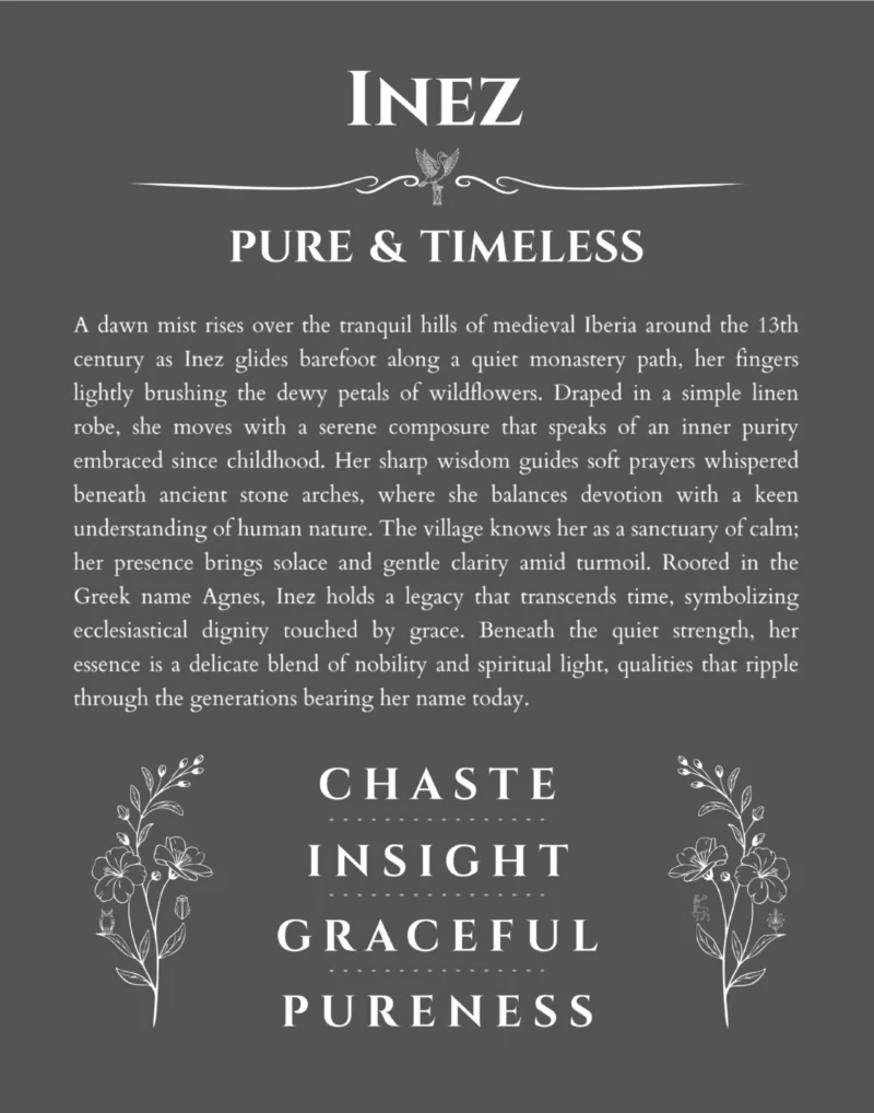 Inez personalized name art with origin story in gray