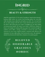 Ingrid name origin print with meaning and traits in dark green