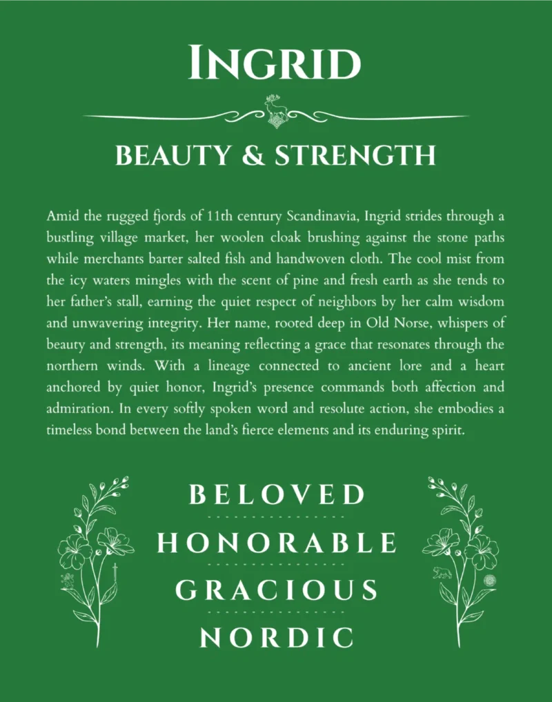 Ingrid name origin print with meaning and traits in dark green