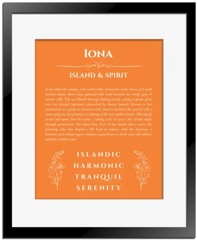 Iona personalized wall art with the story of your name in orange with black matte frame