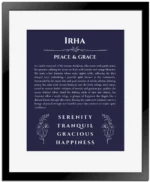 Irha name meaning wall art by Get Your Story in navy blue with black matte frame