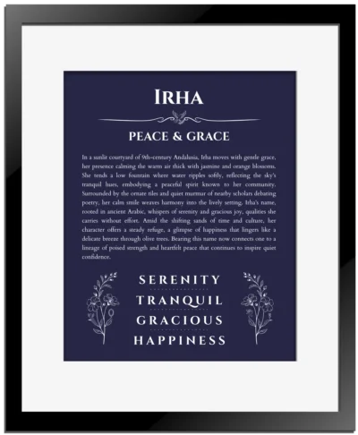 Irha name meaning wall art by Get Your Story in navy blue with black matte frame