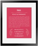 Irie personalized wall art with the story of your name in red with black matte frame