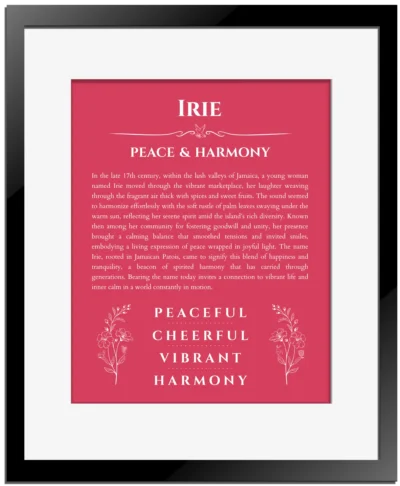 Irie personalized wall art with the story of your name in red with black matte frame