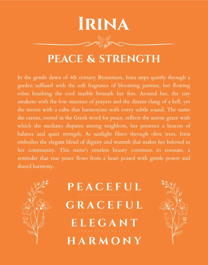 Irina name origin print with meaning and traits in orange