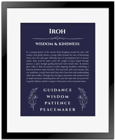 Iroh custom name art showing meaning and origin in navy blue with black matte frame