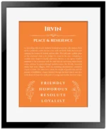 Irvin personalized wall art with the story of your name in orange with black matte frame