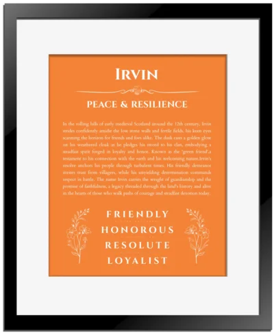 Irvin personalized wall art with the story of your name in orange with black matte frame
